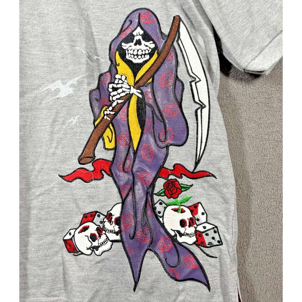 Y2K Ed Hardy by Christian Audigier Embroidered 3X Shirt Golf Grim Reaper Grey